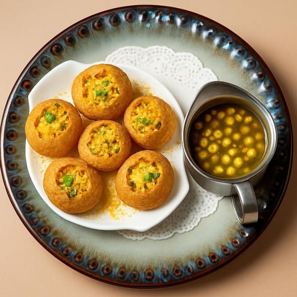 Six pani puri shells filled with potato and chickpea mixture, served with a metal pitcher of pani.