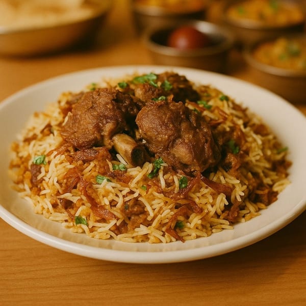 Close-up of Masala Symphony's lamb biryani with rice, meat, fried onions, and cilantro.