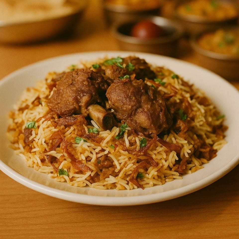 Close-up of Masala Symphony's lamb biryani with rice, meat, fried onions, and cilantro.
