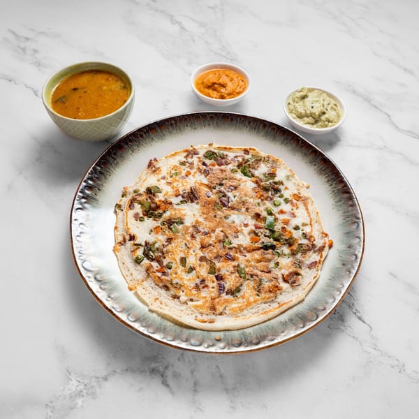 Masala Symphony's Indian uttapam with vegetables, served with sambar and two chutneys on a marble surface.