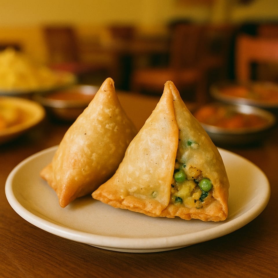 Two golden-fried samosas, one cut open to reveal a potato and pea filling, on a white plate.