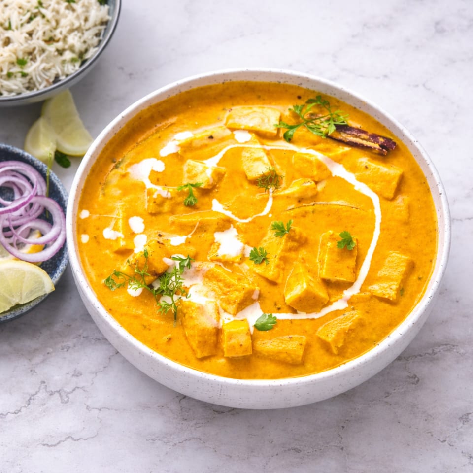 Masala Symphony's paneer butter masala, garnished with cream and cilantro, served with rice and onions.